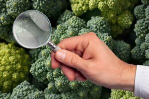 broccoli vari e mano con lente di ingrandimento