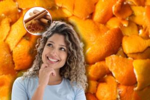 bucce mandarino sullo sfondo, donna sorridente che pensa e stecche di cannella