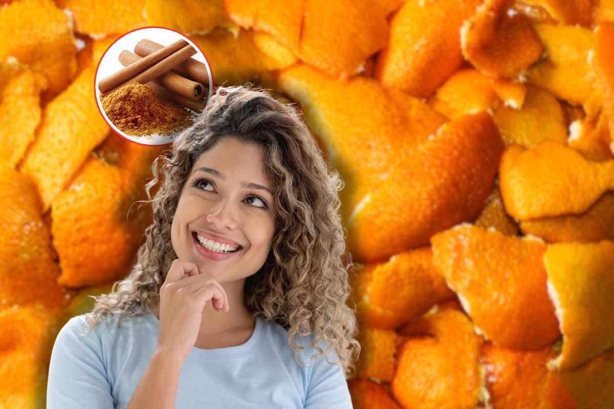 bucce mandarino sullo sfondo, donna sorridente che pensa e stecche di cannella