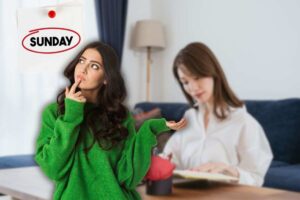 donna che lavora al pc, calendario con giorno domenica e donna che pensa