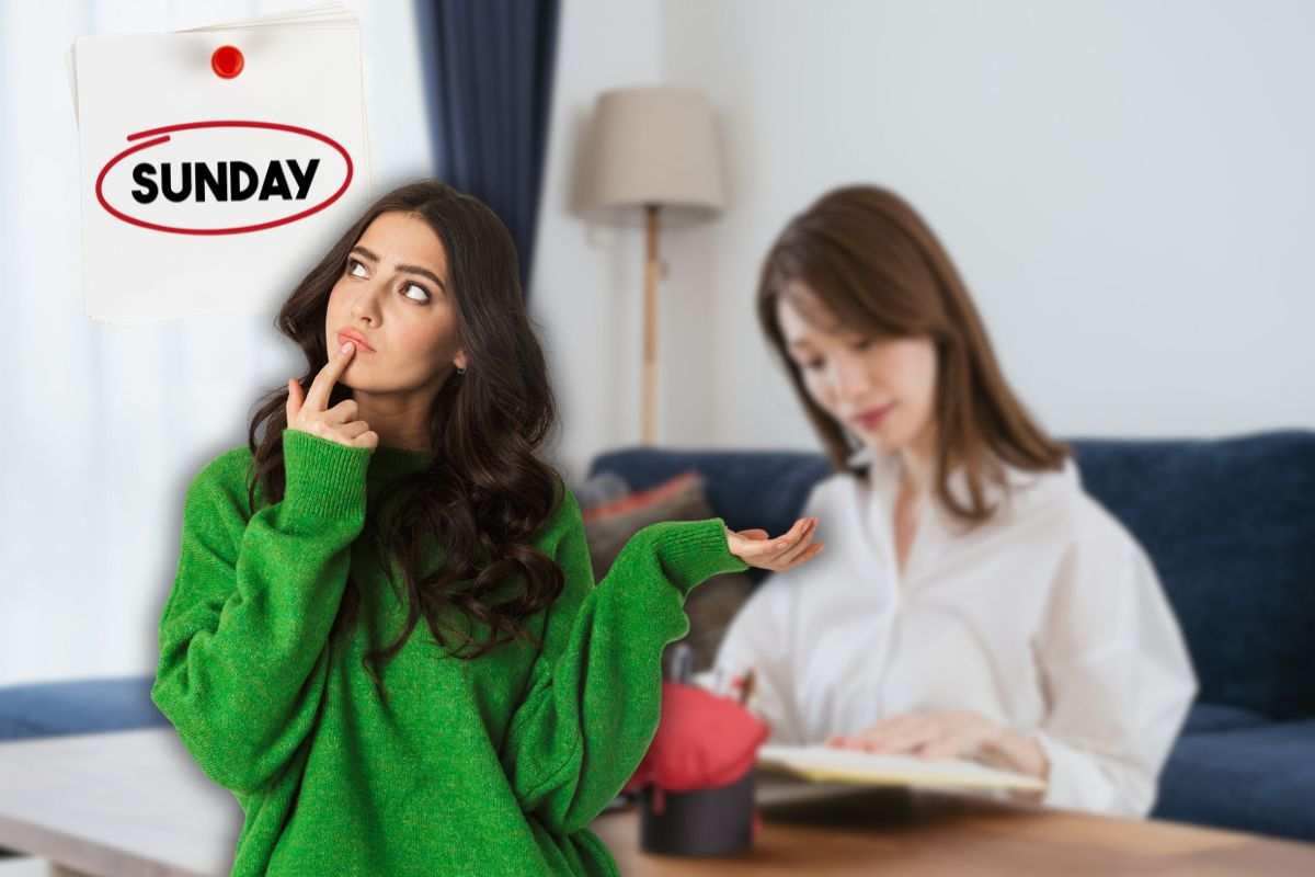 donna che lavora al pc, calendario con giorno domenica e donna che pensa