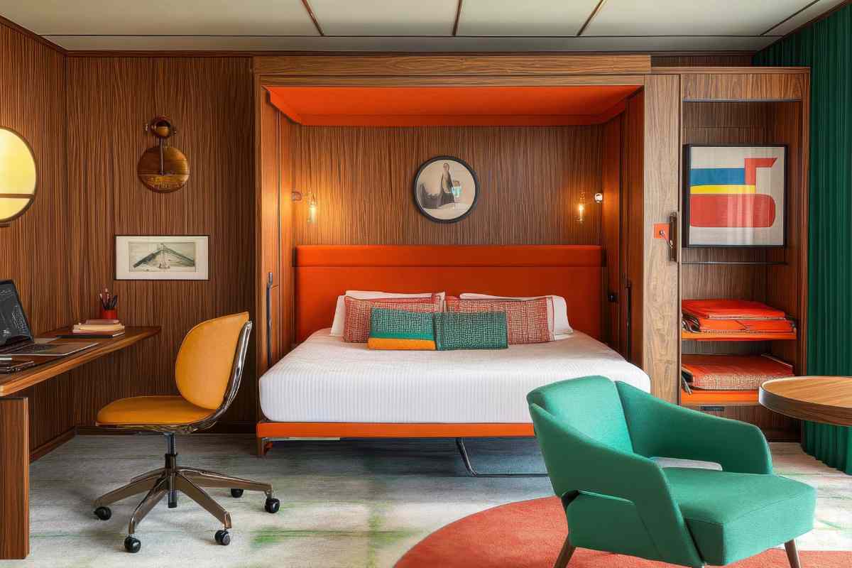 letto dentro modbile con sfondo arancione, poltrona verde